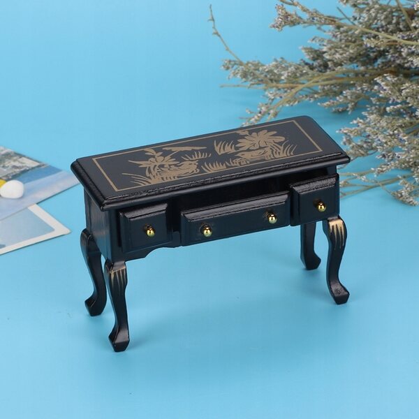 Mini Scrivania in Legno Vintage 1:12 per Casa delle Bambole con 3 Cassetti