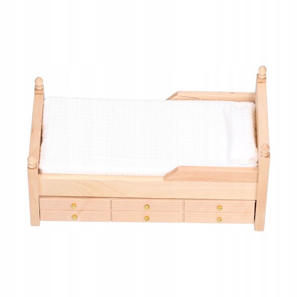 Mini letto in legno di betulla 1:12 per casa delle bambole con materasso e cuscino