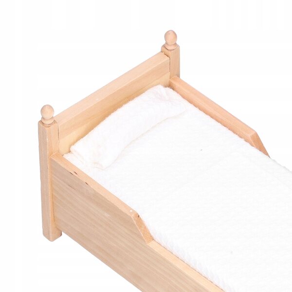 Mini letto in legno di betulla 1:12 per casa delle bambole con materasso e cuscino