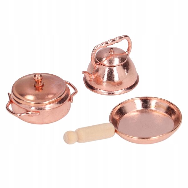 3-teiliges Set Miniatur 1:12 Töpfe und Pfanne für Puppenhaus braun