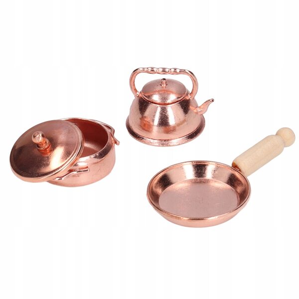 3-teiliges Set Miniatur 1:12 Töpfe und Pfanne für Puppenhaus braun