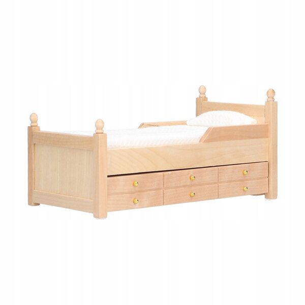 Letto in miniatura 1:12 in betulla con materasso e cassetto per casa delle bambole