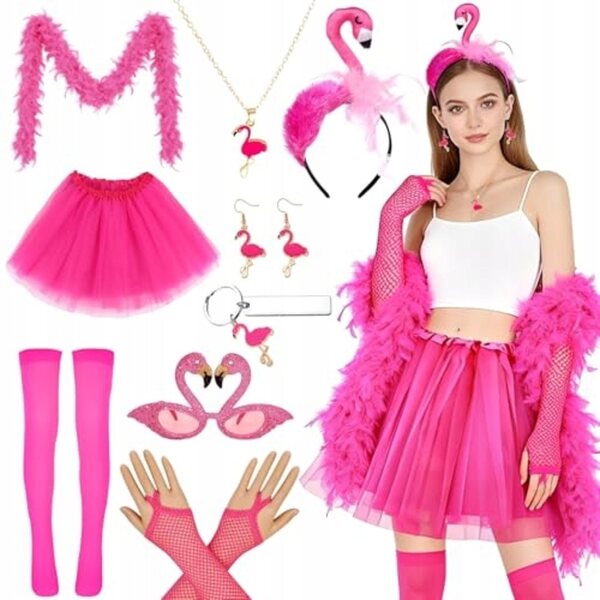9-teiliges rosafarbenes Flamingo-Kostüm für Damen, komplett für Karneval und Partys
