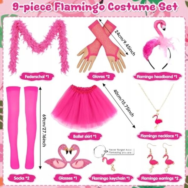 9-teiliges rosafarbenes Flamingo-Kostüm für Damen, komplett für Karneval und Partys