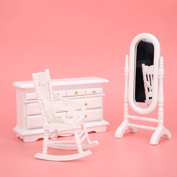Mini Mobili in Legno per Casa delle Bambole 1:12 - Letto, Specchio e Comodini