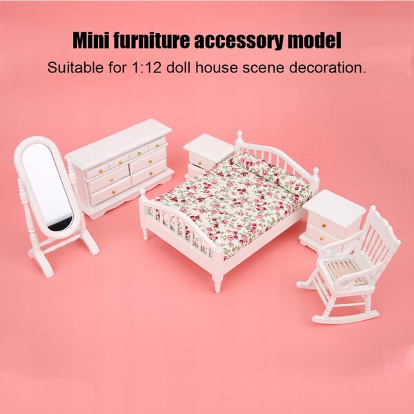 Mini Mobili in Legno per Casa delle Bambole 1:12 - Letto, Specchio e Comodini