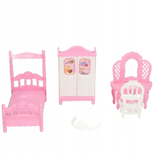 Puppen-Wohnzimmer-Spielset mit Bett, Kleiderschrank und Schminktisch aus rosa Kunststoff