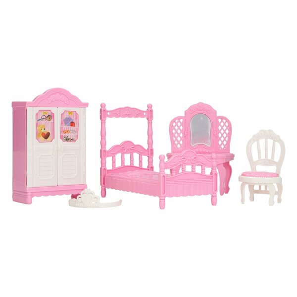 Puppen-Wohnzimmer-Spielset mit Bett, Kleiderschrank und Schminktisch aus rosa Kunststoff
