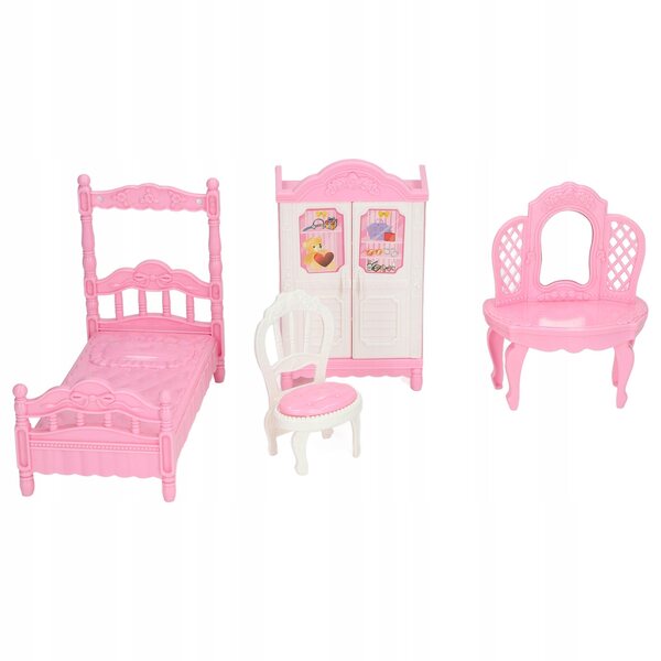 Puppen-Wohnzimmer-Spielset mit Bett, Kleiderschrank und Schminktisch aus rosa Kunststoff