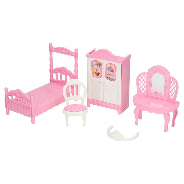 Puppen-Wohnzimmer-Spielset mit Bett, Kleiderschrank und Schminktisch aus rosa Kunststoff