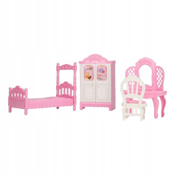 Puppen-Wohnzimmer-Spielset mit Bett, Kleiderschrank und Schminktisch aus rosa Kunststoff