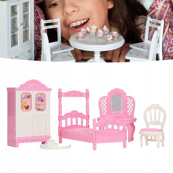 Puppen-Wohnzimmer-Spielset mit Bett, Kleiderschrank und Schminktisch aus rosa Kunststoff