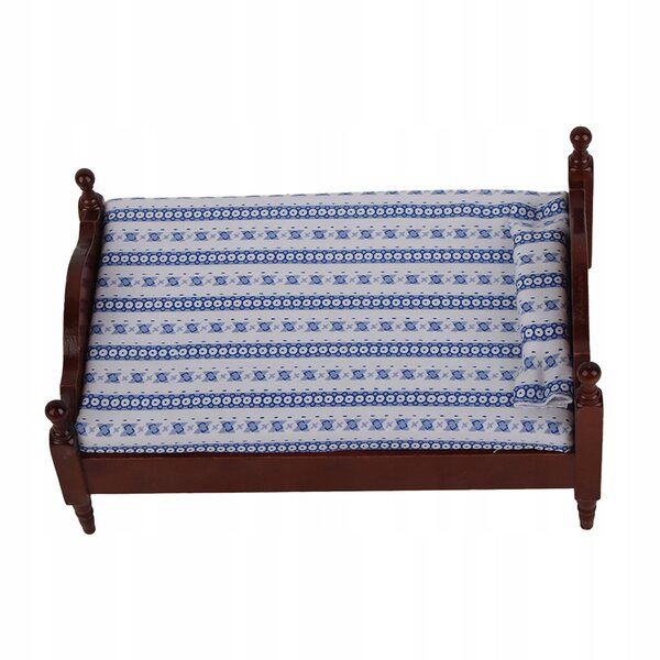 1:12 Modell Redwood Holzbett mit blau-weiß gestreifter Matratze