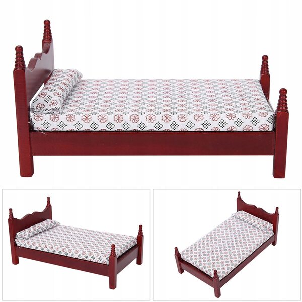 Mini letto singolo in legno rosso per casa delle bambole scala 1:12