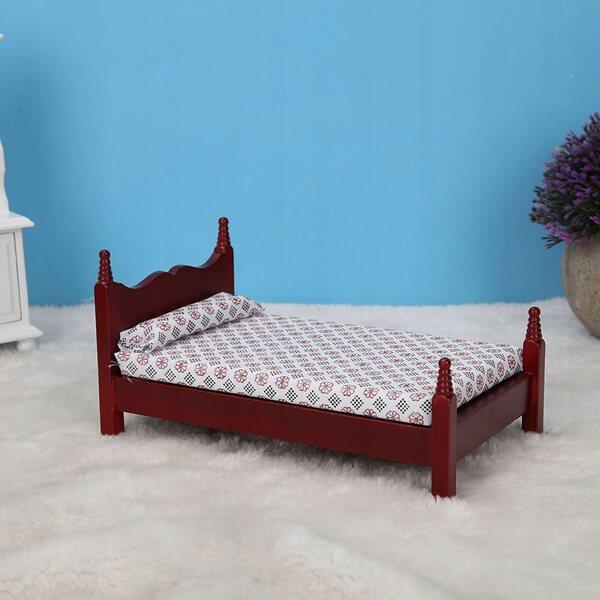 Mini letto singolo in legno rosso per casa delle bambole scala 1:12
