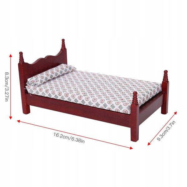 Letto singolo in legno miniatura 1:12 per casa delle bambole rosso