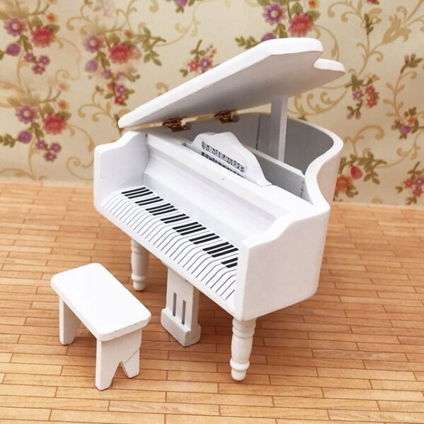 Mini pianoforte in legno con sgabello accessorio per casa delle bambole 1:12
