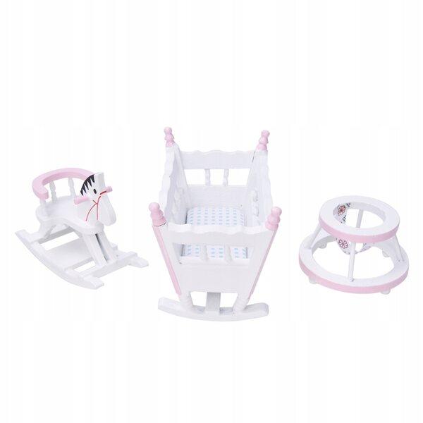 3-teiliges Set mit Mini-Möbelzubehör, Spielzeugbett im Maßstab 1:12 mit Pferd und Kinderwagen