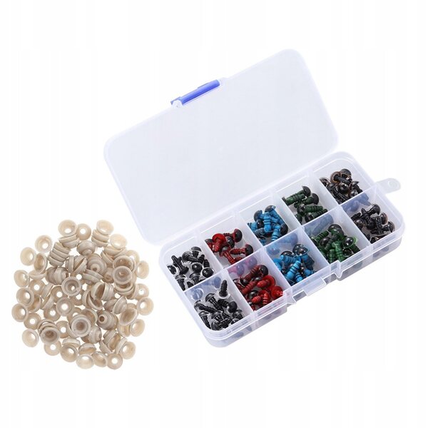 Set 100 Occhi di Plastica Colorati 12mm con Rondelle per Decorazione Bambole