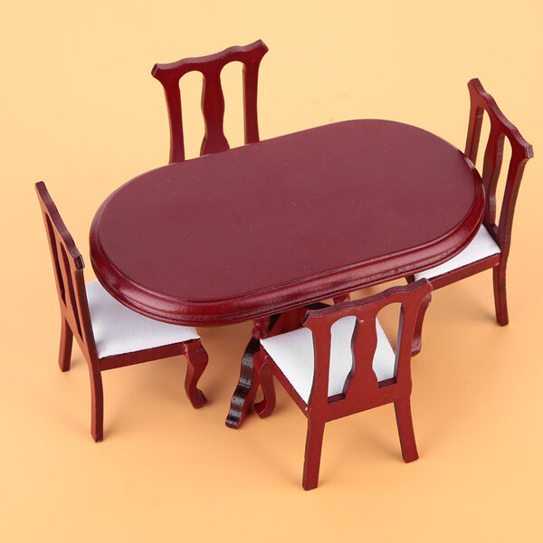 Miniatur-Set Elliptischer Tisch mit 4 Stühlen für Puppenhaus 1:12