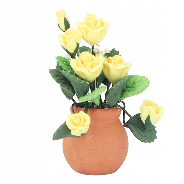 Fiore miniatura rosa gialla in vaso rosso per casa delle bambole scala 1:12