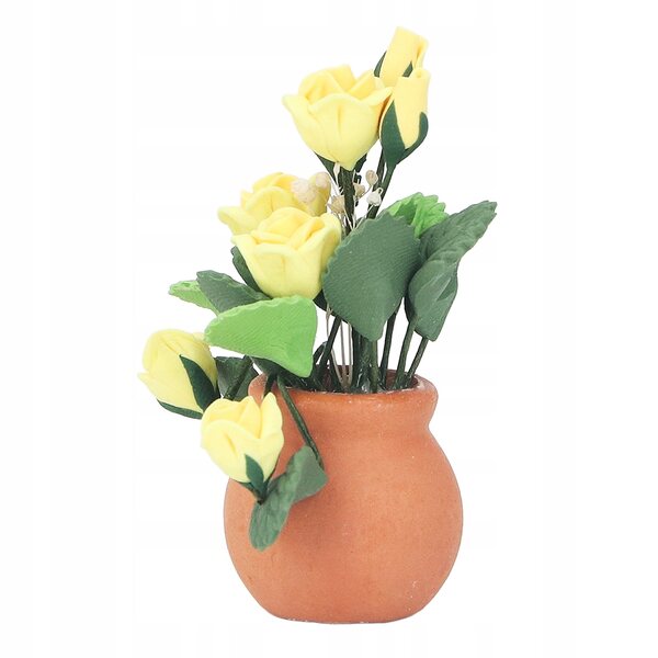 Fiore miniatura rosa gialla in vaso rosso per casa delle bambole scala 1:12