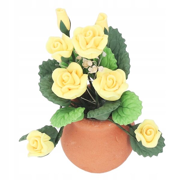 Fiore miniatura rosa gialla in vaso rosso per casa delle bambole scala 1:12