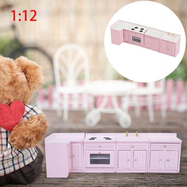 1:12 Puppenhaus Miniatur-Küchenset aus rosa Holz