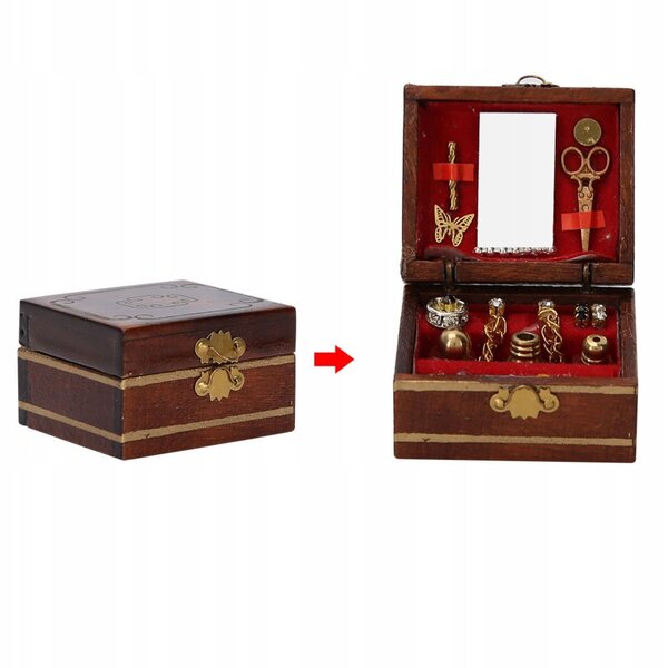 Miniatura scatola in legno con gioielli per casa delle bambole 1/12 ecologica