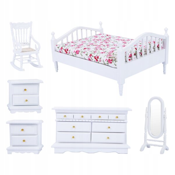 Set 6 pezzi mini mobili in legno bianco per camera da letto in scala 1:12