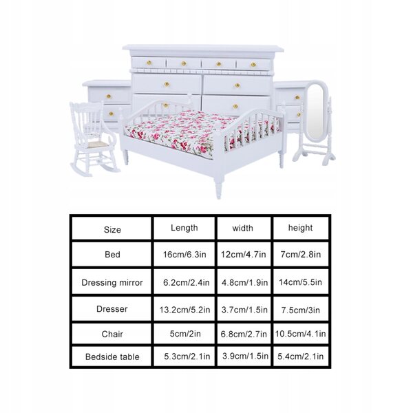 Set 6 pezzi mini mobili in legno bianco per camera da letto in scala 1:12