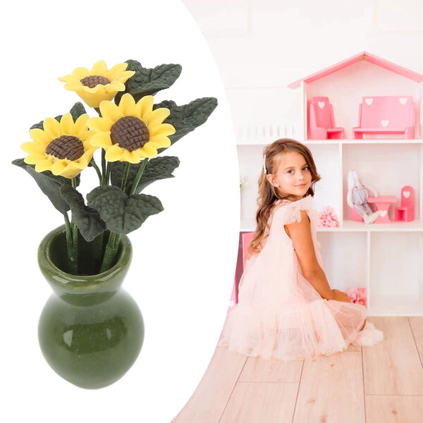 Puppenhaus-Miniaturvase im Maßstab 1:12 mit realistischer Sonnenblume aus synthetischem Ton