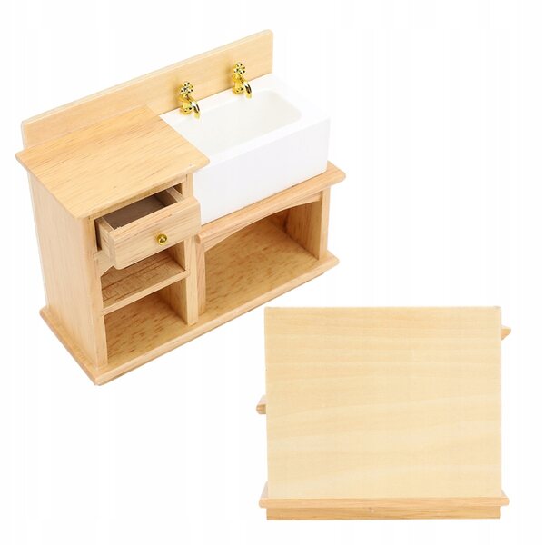 1:12 Puppenhaus-Miniaturmöbel und Zubehör, realistische Küchenspüle aus Holz