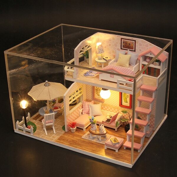 Handgefertigtes 3D-Miniaturhaus aus Holz mit LED – Bausatz für Erwachsene