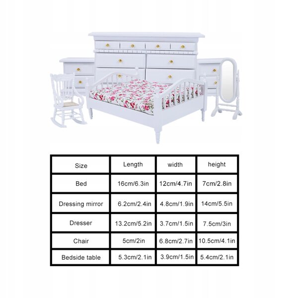 Set Mobili in Legno Bianco per Casa delle Bambole Camera da Letto Miniatura