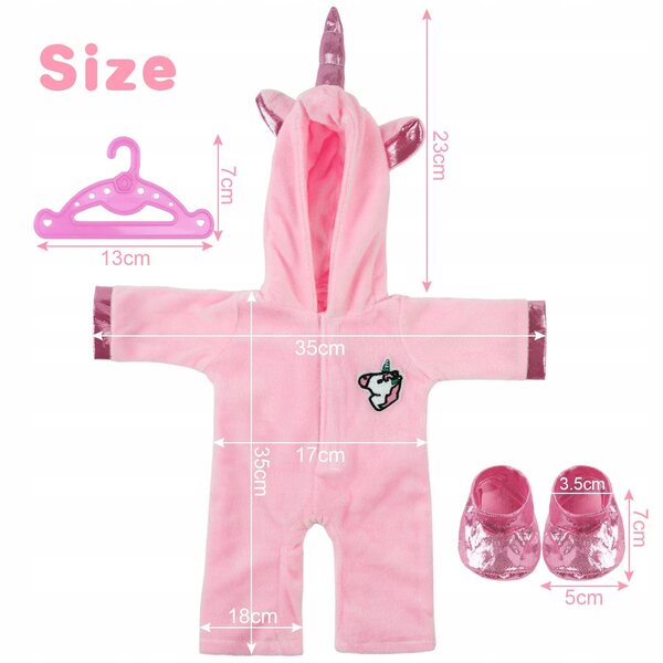 Rosa Puppenkleid mit Einhorn-Overall und Kapuze, Kleidung für Puppen ab 3 Monaten