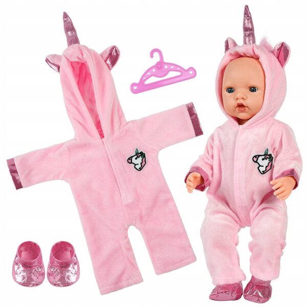 Rosa Puppenkleid mit Einhorn-Overall und Kapuze, Kleidung für Puppen ab 3 Monaten