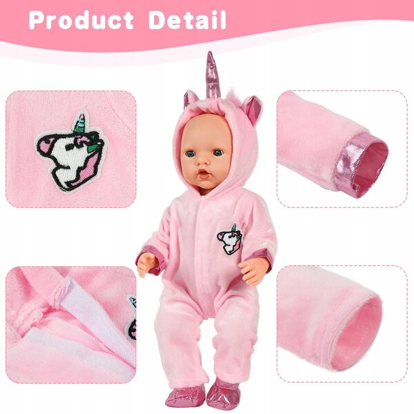 Rosa Puppenkleid mit Einhorn-Overall und Kapuze, Kleidung für Puppen ab 3 Monaten