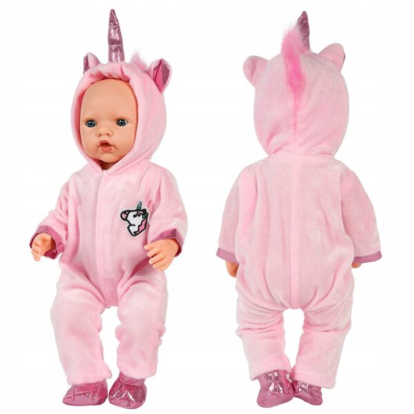 Rosa Puppenkleid mit Einhorn-Overall und Kapuze, Kleidung für Puppen ab 3 Monaten