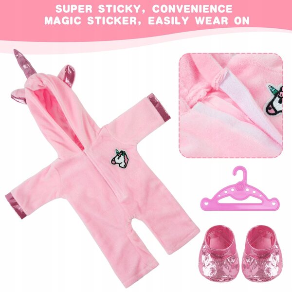 Rosa Puppenkleid mit Einhorn-Overall und Kapuze, Kleidung für Puppen ab 3 Monaten