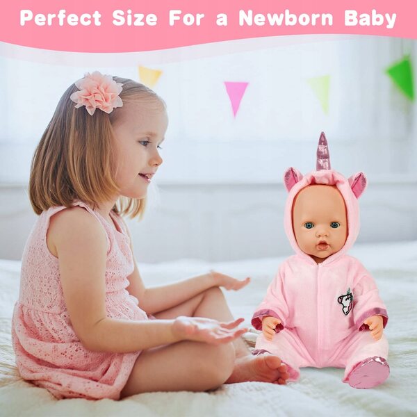 Rosa Puppenkleid mit Einhorn-Overall und Kapuze, Kleidung für Puppen ab 3 Monaten