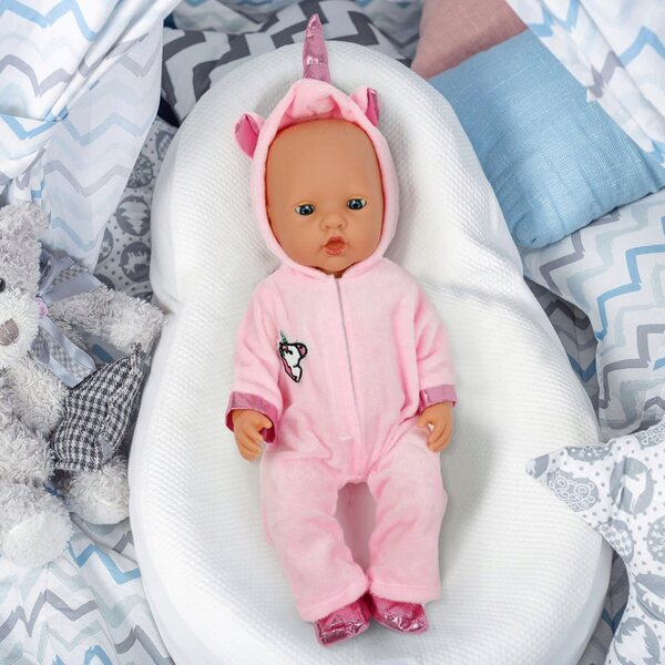 Rosa Puppenkleid mit Einhorn-Overall und Kapuze, Kleidung für Puppen ab 3 Monaten
