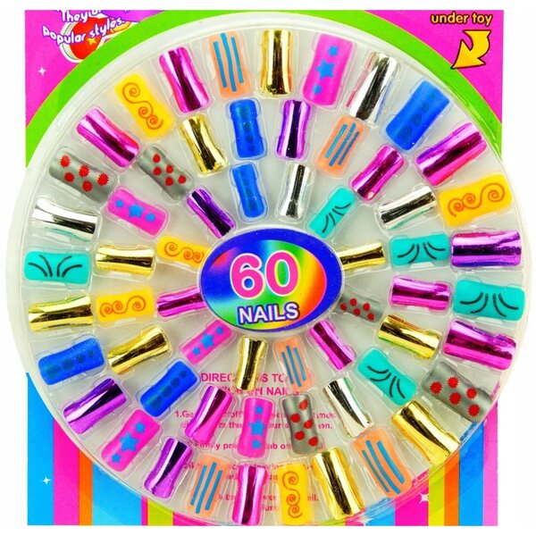 Set 60 unghie colorate con disegni assortiti per bambini 3+ cert. CE