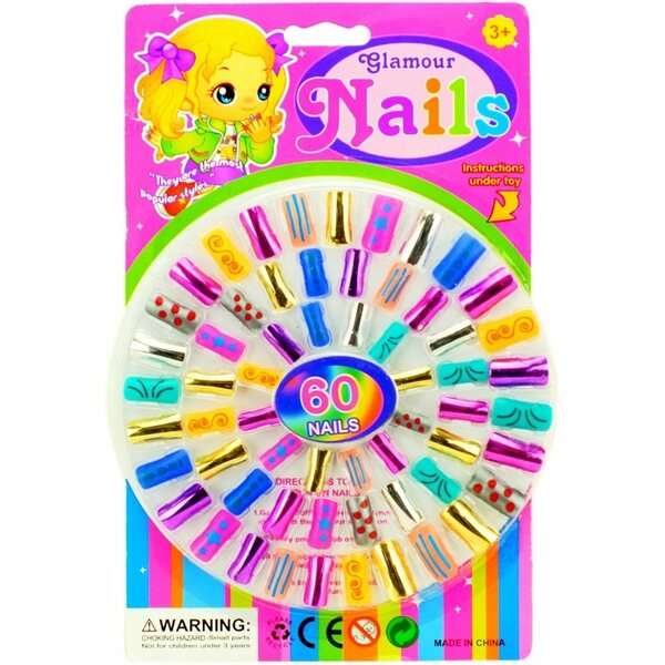Set 60 unghie colorate con disegni assortiti per bambini 3+ cert. CE