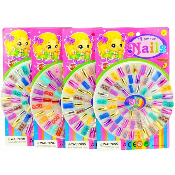 Set 60 unghie colorate con disegni assortiti per bambini 3+ cert. CE