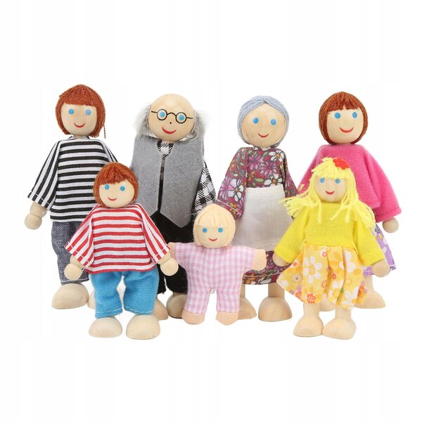 Hölzernes Puppenhaus mit Familie aus 7 Figuren, sicheres und farbenfrohes Lernset