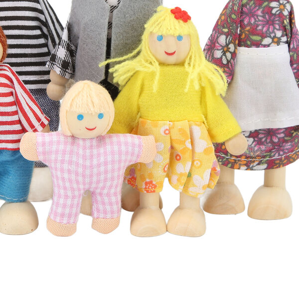 Hölzernes Puppenhaus mit Familie aus 7 Figuren, sicheres und farbenfrohes Lernset
