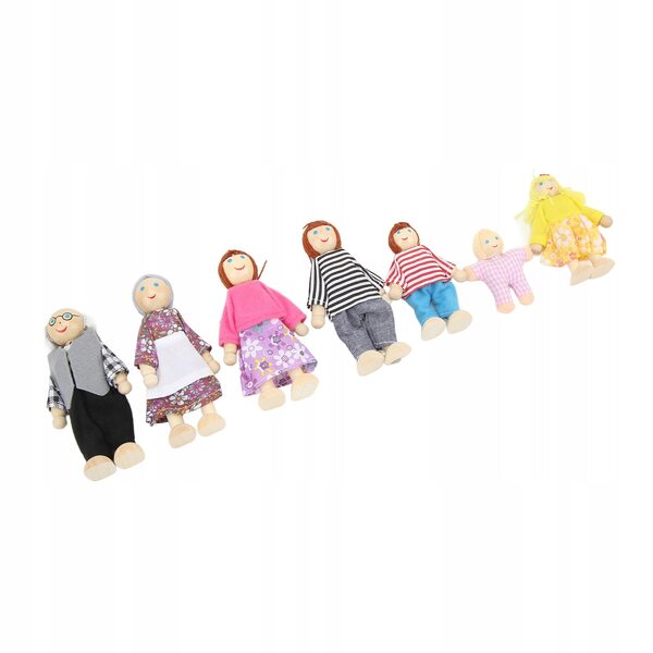 Hölzernes Puppenhaus mit Familie aus 7 Figuren, sicheres und farbenfrohes Lernset
