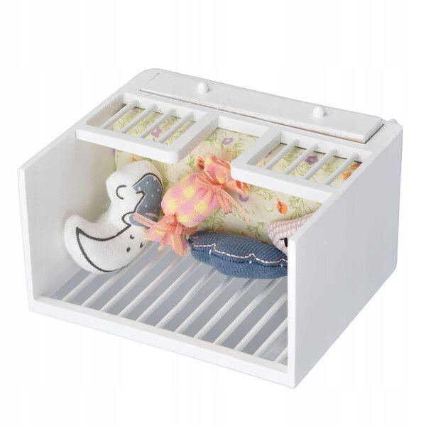 Letto per bambole 1:12 in legno con cassetto e cuscini, miniatura realistica
