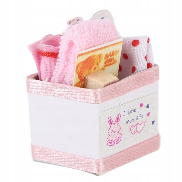 Puppenhaus-Babyspielzeugkiste: Rosa Miniatur zur Dekoration des Puppenhauses im Maßstab 1:12